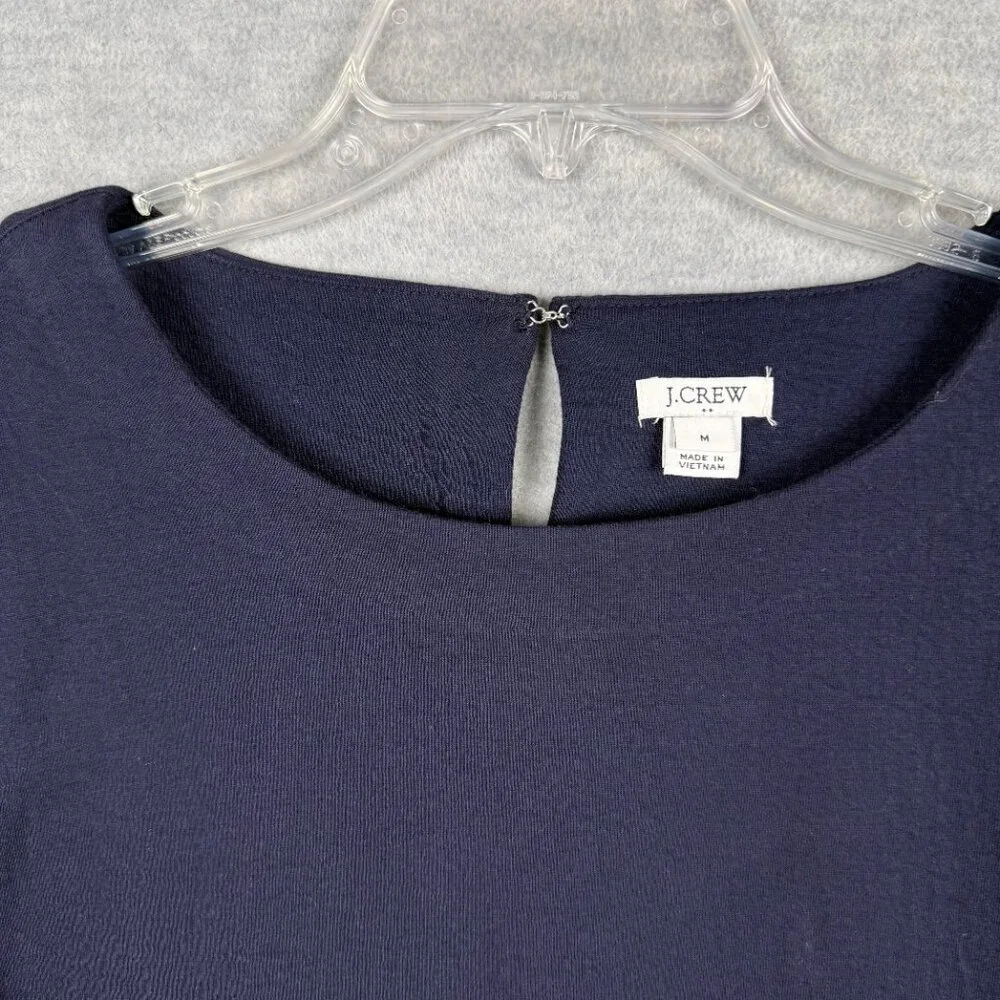 J Crew Factory M Solid Ruffle Sleeve Shift Dress Navy Blue Textured Cotton Blend - Picture 3 of 12